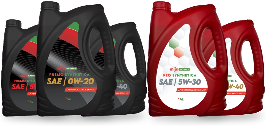 Minyak enjin Mija: Premo Synthetica fully synthetic dan Neo Synthetica semi synthetic, botol 4 liter